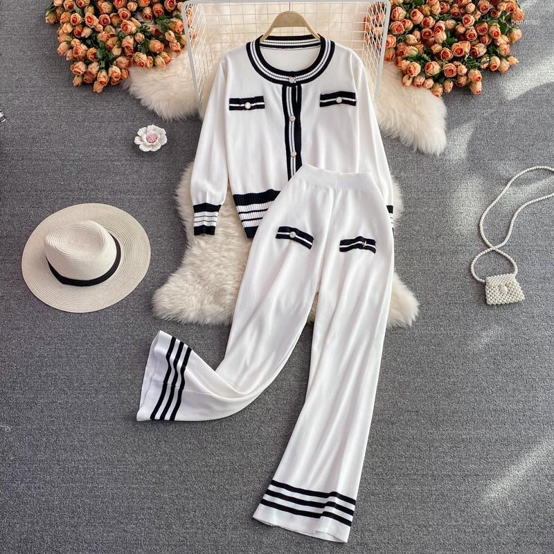 

Women's Two Piece Pants Amolapha Women 2022 Casual Knitted Clothing Sets O-Neck Long Sleeve Striped Cardigan Sweater High Waist Wide Legs Su, Black