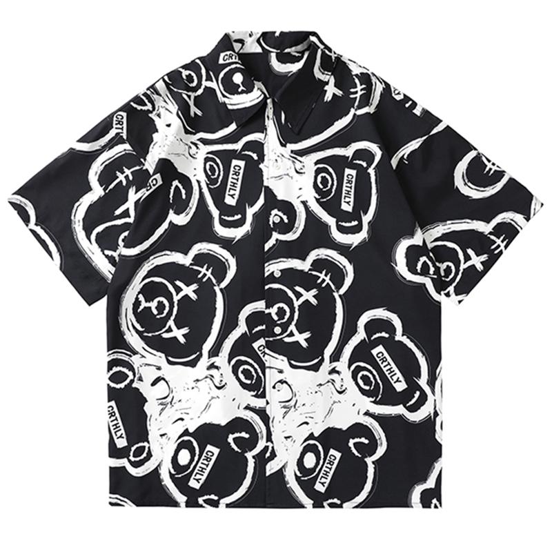 

Men's Casual Shirts Summer Little Bear Print Shirt Men Clothing Oversize Blouses Fashion Korean Streetwear Button Short Sleeved Tops Male Pl, Black
