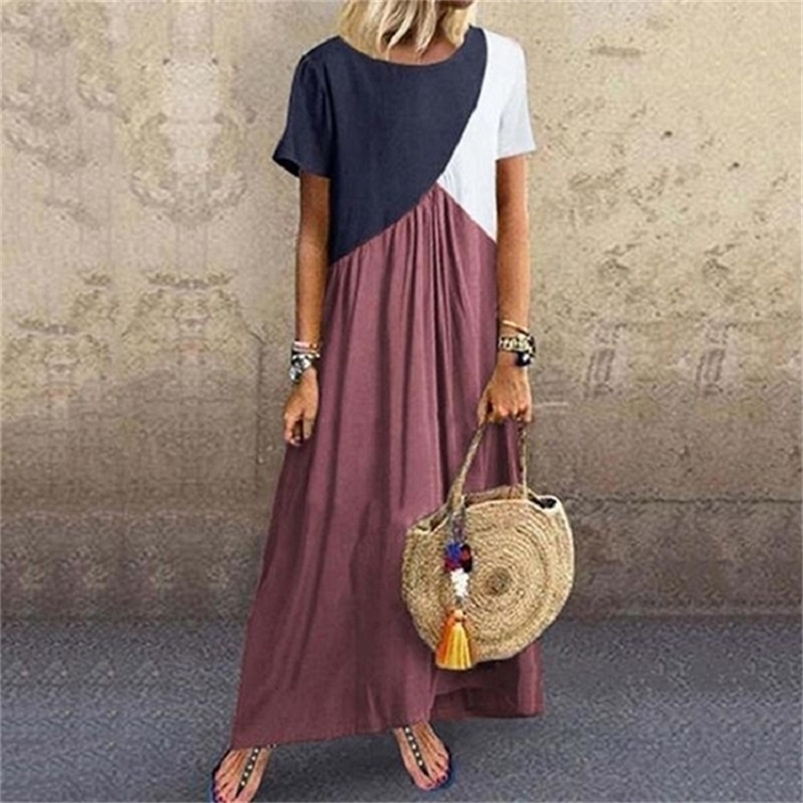 

Summer Short Sleeve Maxi Dress Women Clothes O neck Beach Fashion Ladies Contrast Stitching Long es Vestidos 220613, Ts01932 yellow brown