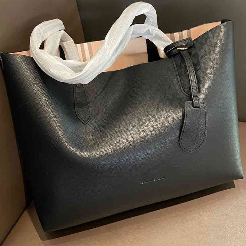 

Ladies Luxury Brand Burby Reversible Shoulder Bags Classic Tb Plaid Leather Tote Fashion Large Capacity Underarm, Black