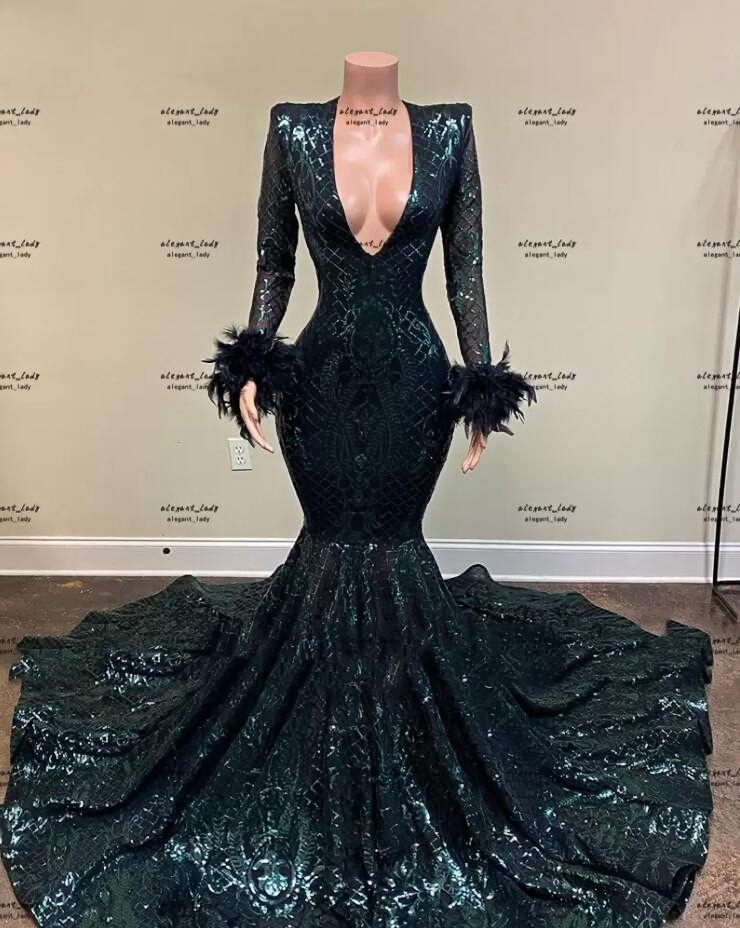 

Hunter Green Arabic Aso Ebi Mermaid Evening Dresses with Long Sleeve 2022 Sparkly Sequin Wrist Feathers African Prom Engagement Gown 0406, White