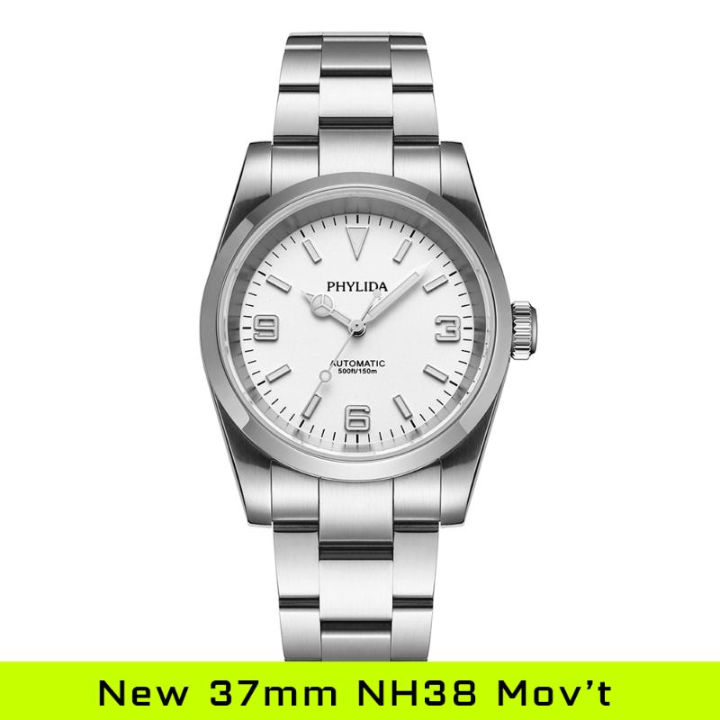 

Wristwatches PHYLIDA 37mm Explore White Polar Dial NH38 Wristwatch 150M WR Watches For Men Automatic Watch Vintage 36mm Small Wrist NH35