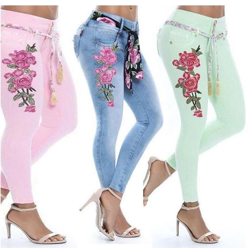 

Women' Jeans Spring Women Embroidery Slim Stretch With Lace Fashion Sexy Plus Size Long Pants 476, Blue