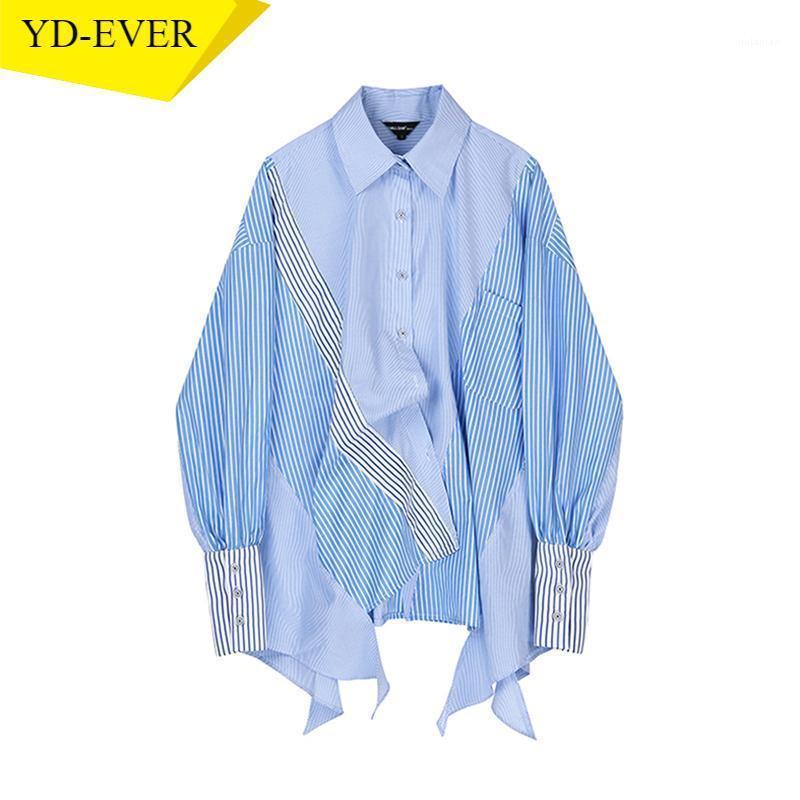 

Women' Blouses & Shirts Irregular Panelled Striped Patchwork Women Blouse 2022 Autumn Hong Kong Style Loose Shirt Fashion Casual Femme Blus, Blue strips
