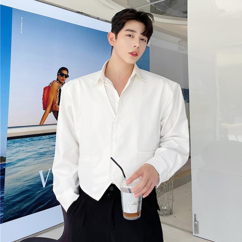 

Men' Casual Shirts Long Sleeved Shirt Autumn Hairdresser Fashion Brand Fake Two Ruffian Handsome Minority Design Sense Splicing Leisur, Black