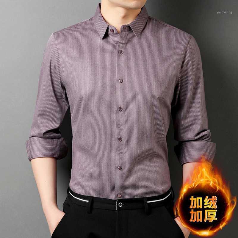 

Men'S Shirts Autumn Winter Trend Business Plus Cashmere Shirt Big Size Casual Long Sleeved Lapel Thick Striped Men, Blue