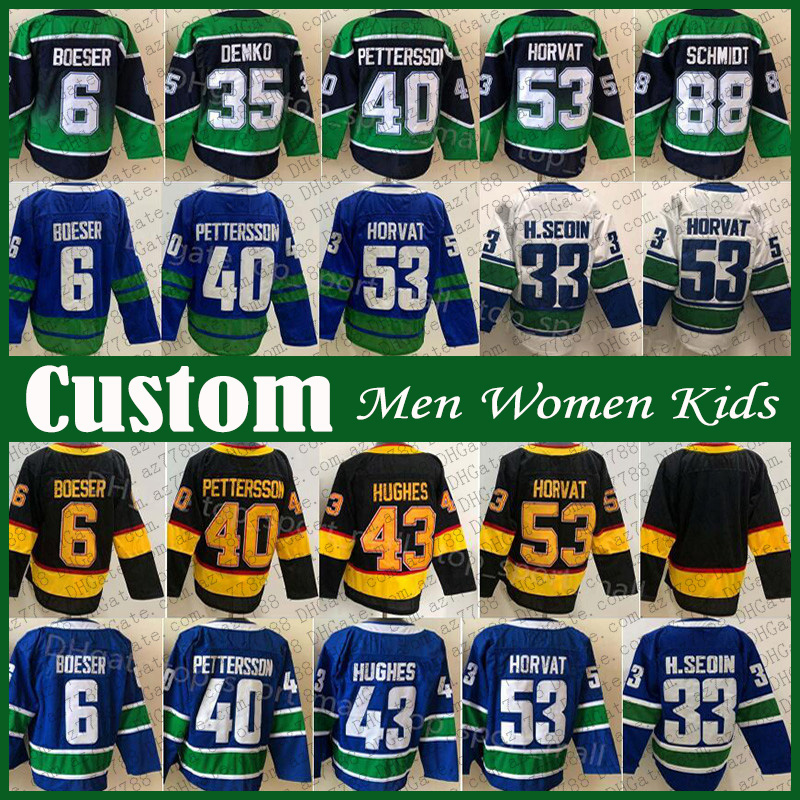 

40 Elias Pettersson Quinn Hughes Hockey Jersey Custom Brock Boeser Thatcher Demko Tanner Pearson JT Miller Tyler Myers Andrei Kuzmenko Ethan Bear, Shown