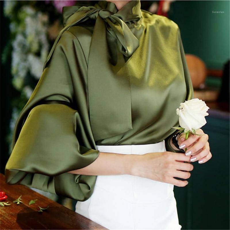 

Women' Blouses & Shirts Spring Women Blouse Long Lantern Sleeve Royal Bows Loose OL Casual Elegant Tops Office Ladies Maxi NS367, Green