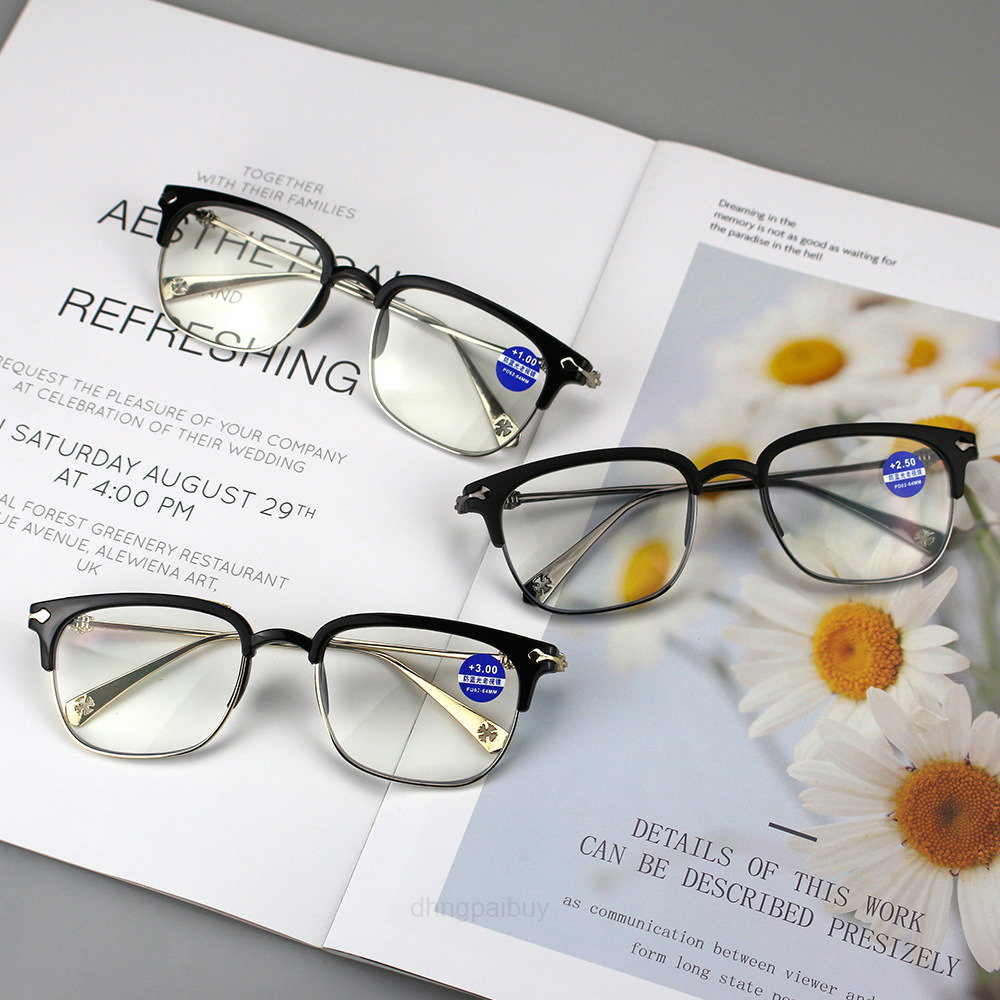 

Original Design Chrome Sunglasses Luxury Fashion Large Frame Ray Presbyopia Glasses Metal Elderly Eyebrow Hyperopia Hearts Designer Eye Frames Brand