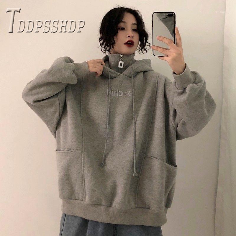 

Turtleneck Hoodies Women Sweatshirt Big Pocket Decor Thick Embroidery Female Tops Women's & Sweatshirts