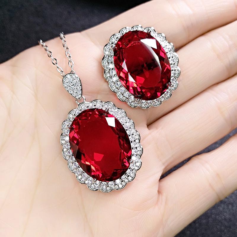 

Earrings & Necklace Trendy Red Pink Blue Crystal CZ Ring Wedding Jewelry Set Oval Silver Color For Women Girls Gift DropEarrings, As pic