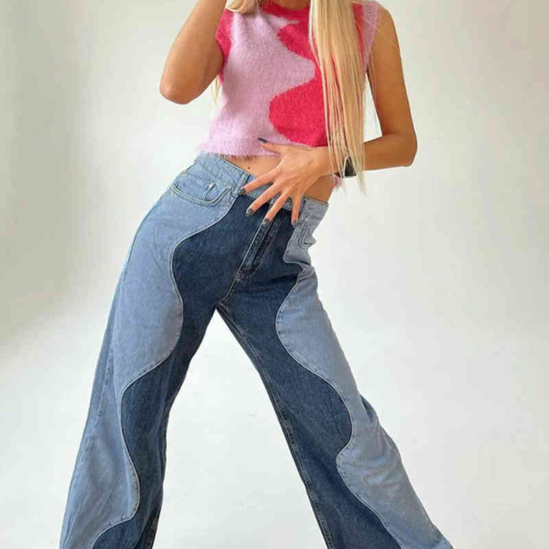 

Street style women' irregular splicing shows thin high waist blue jeans fashion versatile trendsetter straight pants