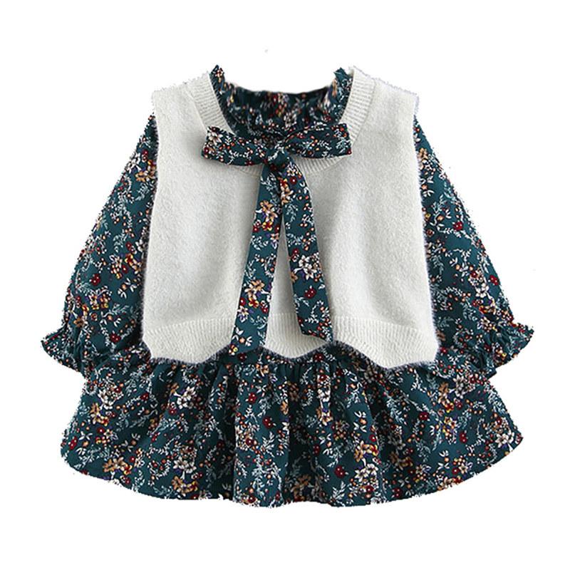 

Clothing Sets Girl Long Sleeve Dress Vest Suit Autumn And Winter Plush Fashion Set Bow Decoration S, Blue