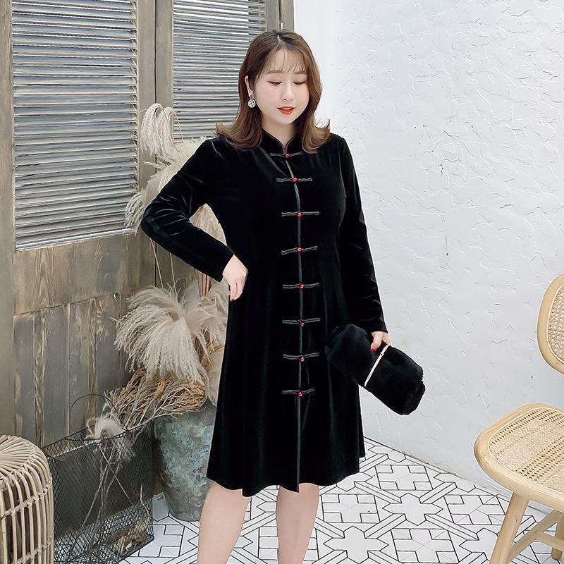 

Casual Dresses Women's Spring Solid Color Chinese Button Dress Plus Size Knee Length 100kg Can Wear, Black