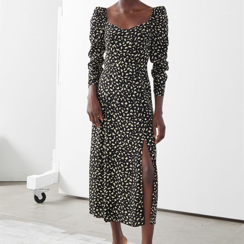 

Casual Dresses Women Split Robe Square Collar Floral Print Puff Sleeve Summer Female Slim Midi Dress, Black