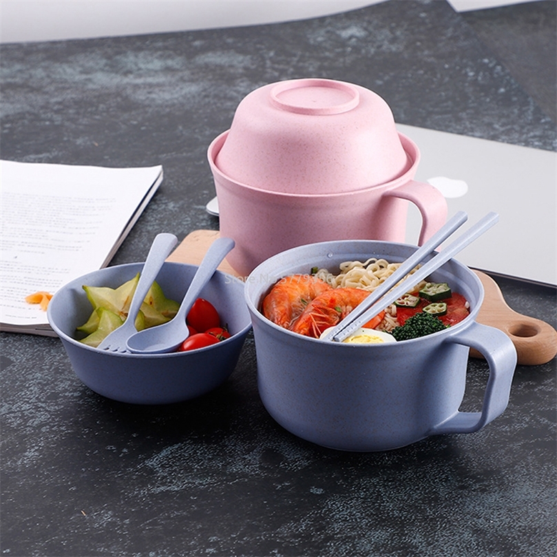 

1Pcs/Set Instant dles Bowl with Lid Handle Dinnerware Wheat Straw Japanese Style Soup Ramen Microwaveable Set 220418