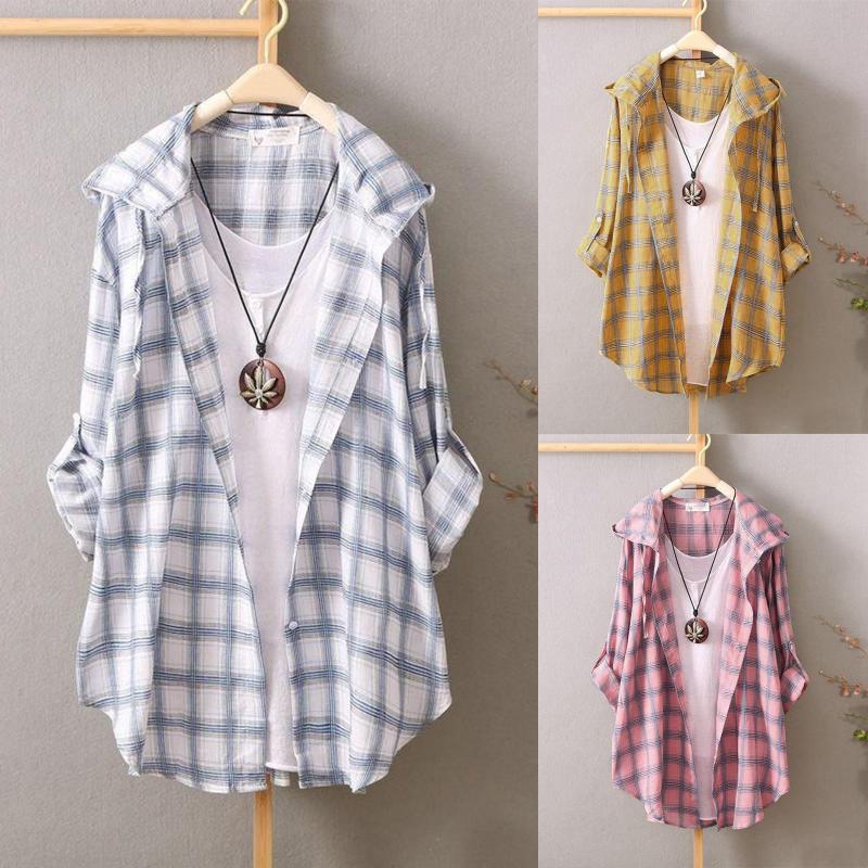 

Women's Blouses & Shirts Hoodie Plaid Long Women Summer Sleeve Button Cardigan Loose Blouse Beach Sunscreen Thin Tops Casual Blusa KimonoWom, Pink