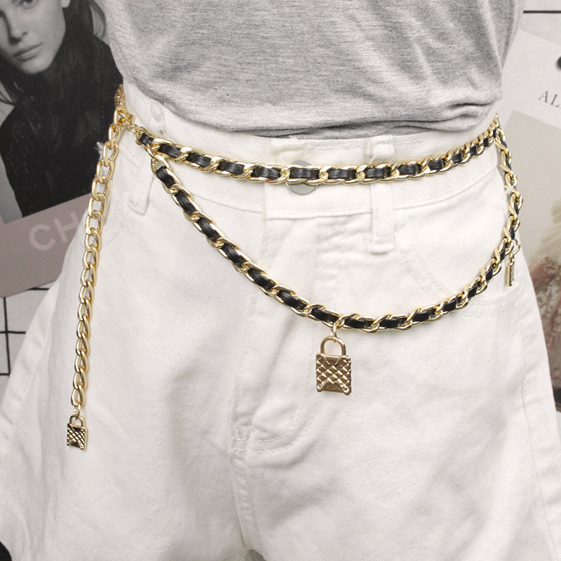 

Women's Mental Belts Lock Pendant Woven Waist Chain Decorative Fashion Double Layers Metal Chain Belt, As pic