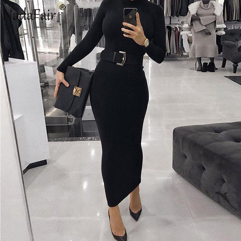 Nadafair Sexy Women Dress Long Sleeve Turtleneck Autumn Winter Solid Casual Basic Black White Bodycon Slim Maxi For 220521