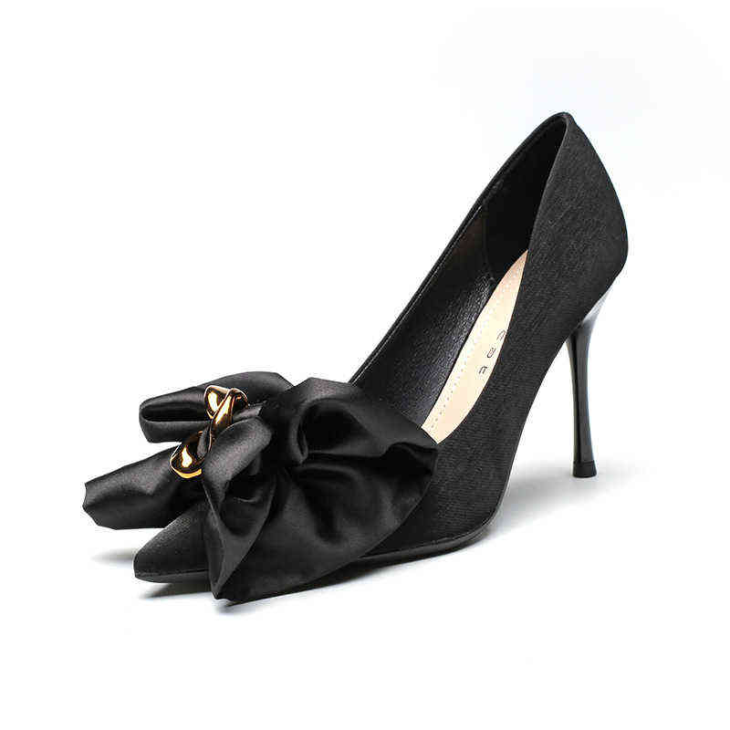

Sandals Women Designer Sexy Pointed High Heels Pumps Versatile Bow Shallow Mouth Thin Heeled Sandals Dress Shoes 220322, Black 9cm