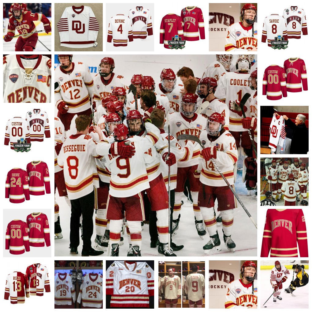 

2022 NCAA Frozen Four Championship Custom Denver Pioneers DU ICE Hockey Jersey 8 Joe Colborne 16 Anthony Maiani 42 Tyler Bozak 24 Peter Mannino 52 Gabe Gauthier Jersey
