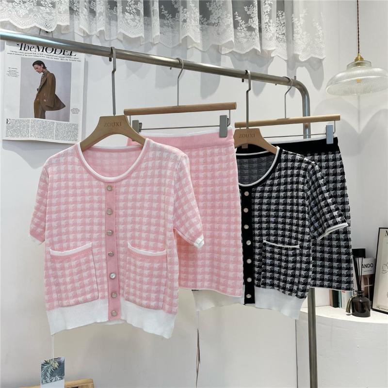 

Women' Sweaters Korean Female Summer Suit Skirt Senior Feeling Sweet Two-piece Plover Case Brim Minus AgeWomen, Plaid set