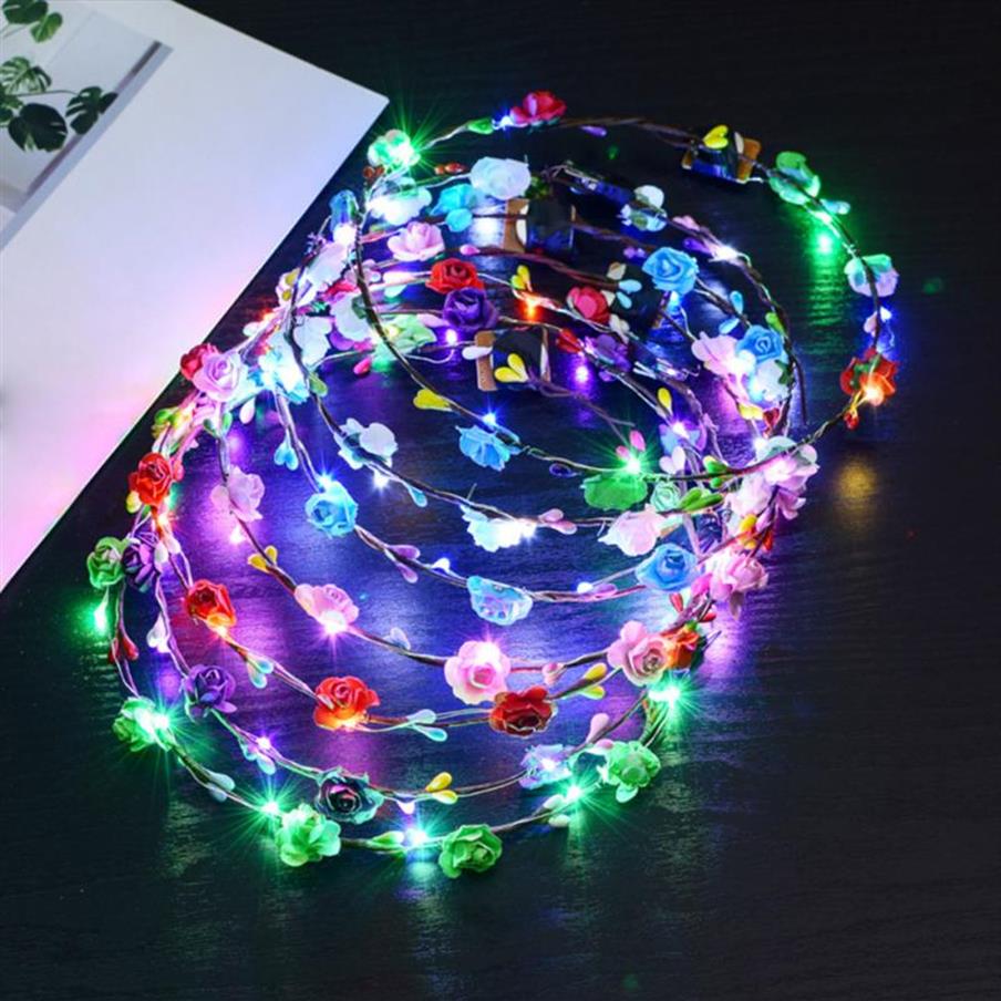 

20PCS/ Colorful Christmas Party Glowing Wreath Halloween Crown Flower Headband Women Girls LED Light Up Hair Wreath Hairband G296f, Customize