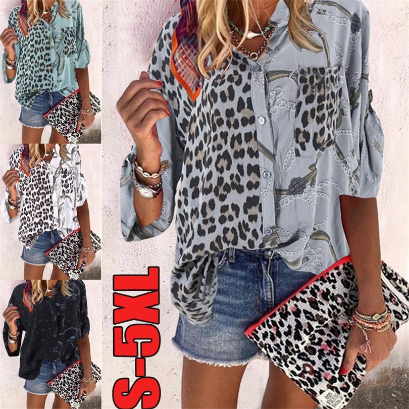 Women Blouses 2020 Sping Tops Turn-down Collar Long Sleeve Leopard Shirt Loose Plus Size Clothing For Women Ladies Blouses T200429