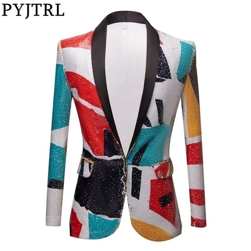

PYJTRL Fashion Pattern Shawl Lapel Sequins Blazer DJ Night Club Slim Fit Suit Jacket Stage Singers Costume 201104, Picture color