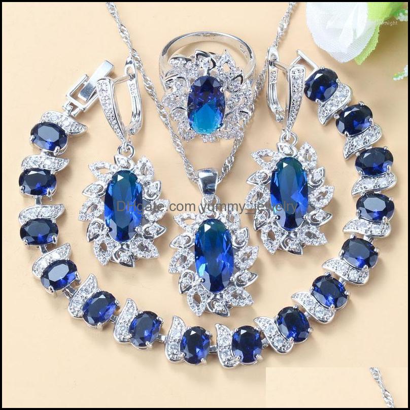 

Earrings Necklace Jewelry Sets Sier 925 Bridal Costume With Natural Stone Cz Blue Dangle Bracelet And Ring For Women Jewelry1 Drop Deliver, As pic