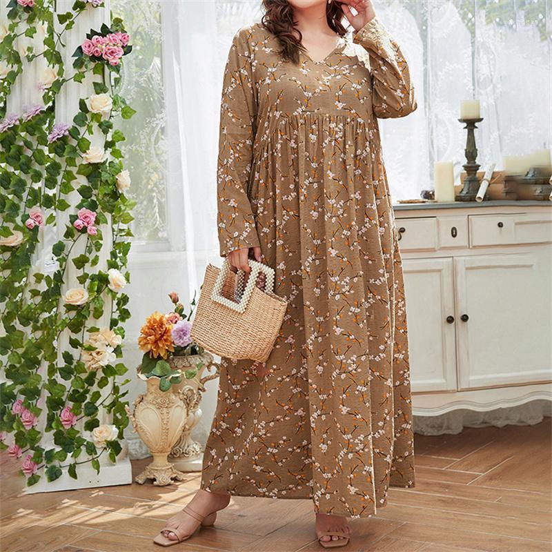 

Plus Size Dresses 4XL 5XL Dress Woman 2022 Autumn V Neck Long Sleeve Floral Print Casual High Waist Loose Maxi Echm22, Khaki