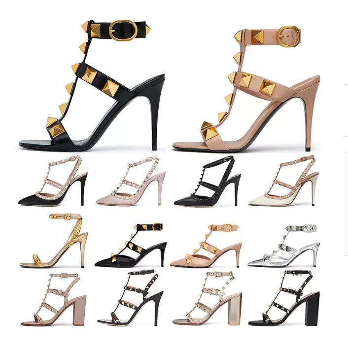 

Designers high heel Sandals Pumps Dress Shoes Ankle Strap Roman Stud black nude sliver with Rivets womens stiletto chunky heels 6 8 10 CM pointed open toes