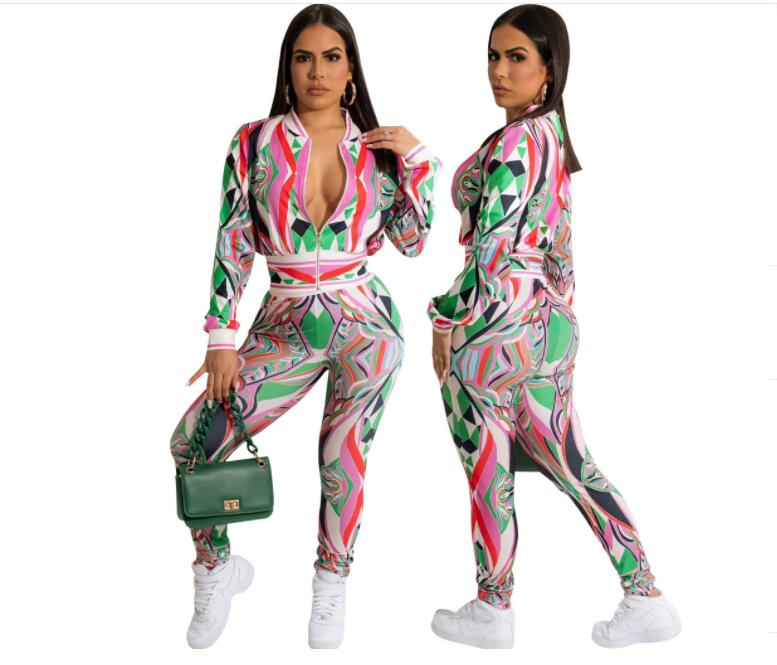 

Fashion Women's Tracksuits floral geometric pattern Print Zip Sports sexy Elastic Waist Trousers Two-Piece Hot Style, 02