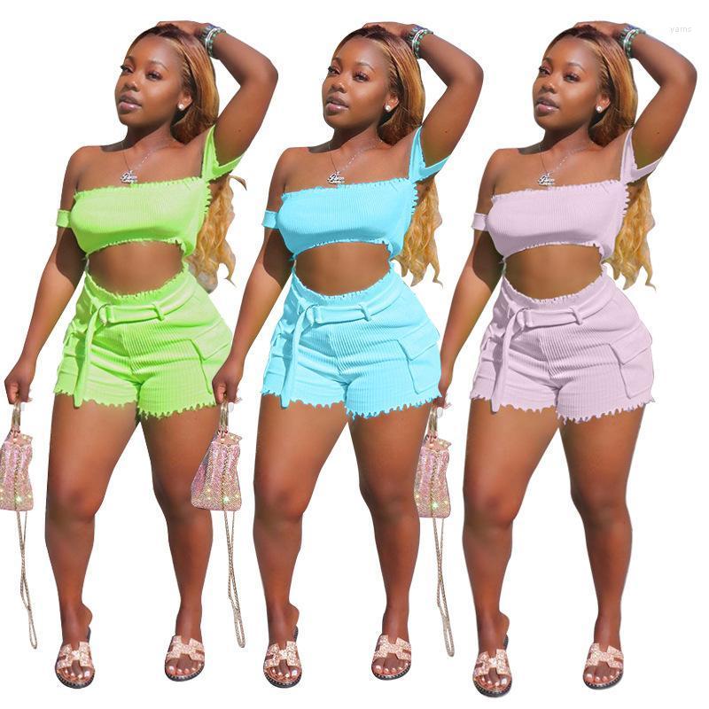 

Echoine Summer Crop Top And Shorts Two Piece Set Sexy Off Shoulder Matching Party Club Outfits Skinny Bodycon Women's Tracksuits, Green set