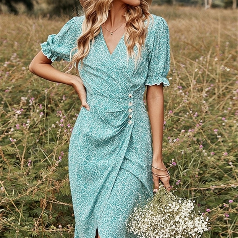 

Women s Spring V Neck Short Sleeve Single Breasted Pleated Printed Dress For Fashion Chic High Waist Dresses 220614, Green