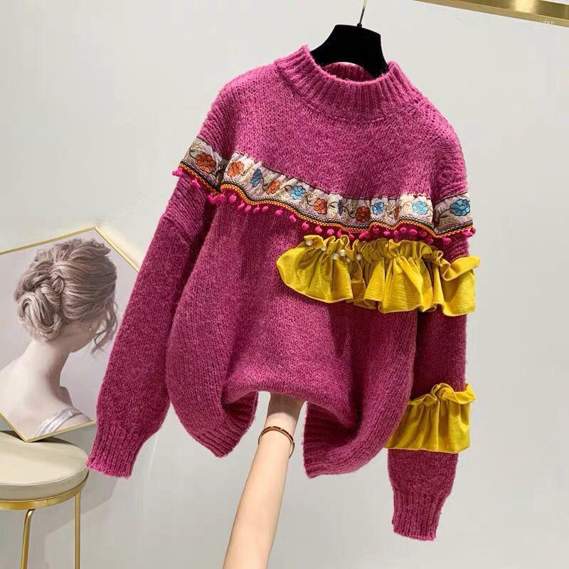 

Women's Sweaters RED Spring Women Sweet Ruffles Decorate Short Sweater Ladies Basic Knitted Pullovers Casual Slim Chic Tops, Blue