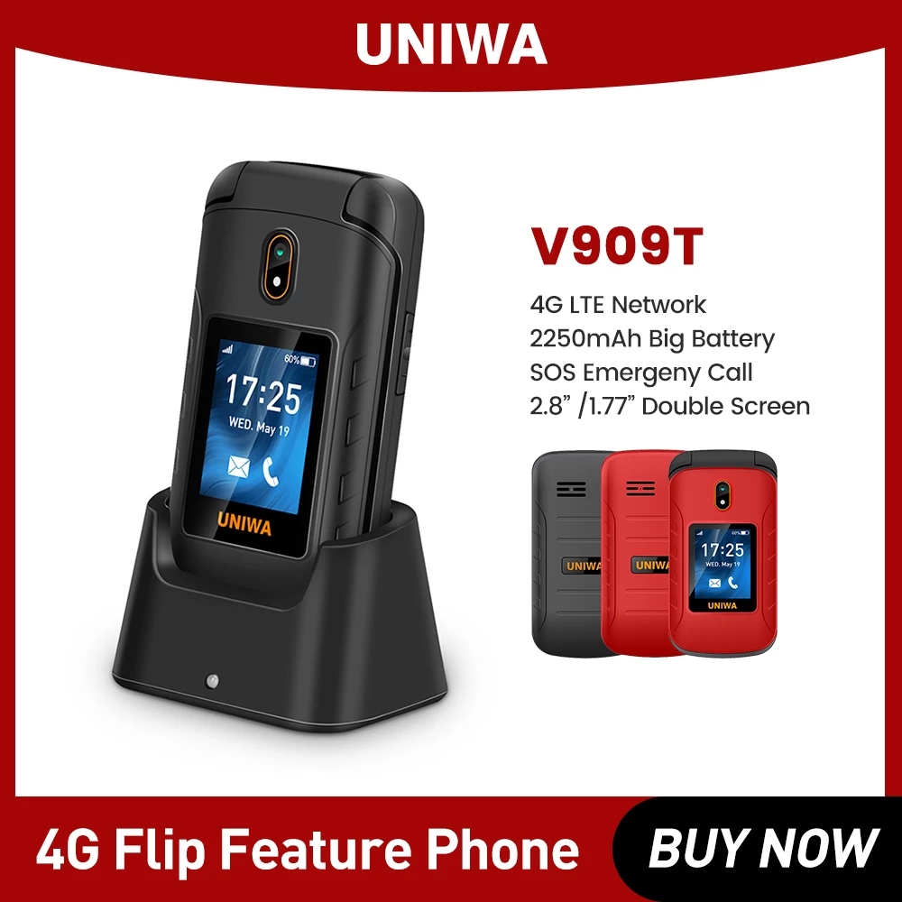 

Unlocked UNIWA V909T 4G Flip Phone FM Radio Large Keyboard Clamshell Cellphone Big Push-Button Dual Screen Mobile phone For Old people, Red