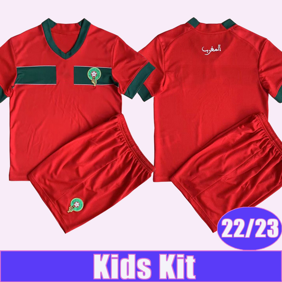 

2022 Morocco National Team Kids Kit Soccer Jerseys HAKIMI ZIYECH SAISS EL ARABI FAJR EN NESYRI Home Red Away Football Shirt, Tz8699 2022 home no socks