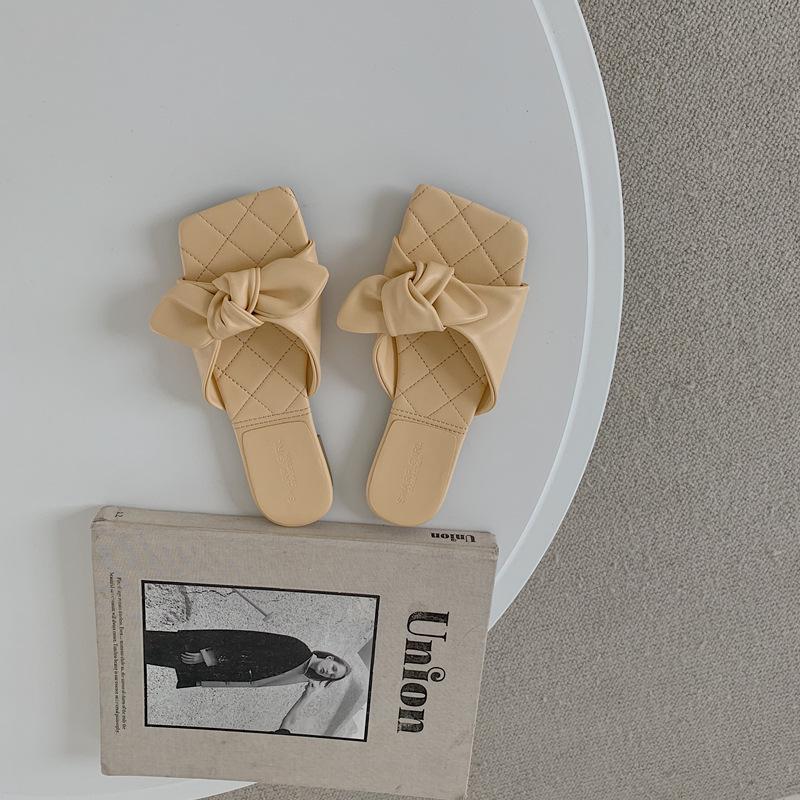 

Slippers 2022 Elegant Bow Women Indoor Outdoor Flip-flops Beach Fashion Student Home Casual Sandals Flat Shoes, Beige