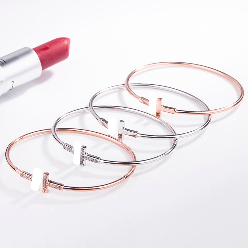

Double T Bracelet Women Stainless Steel Couple Bangle Female European and American Popular Stainless Steel Rose Gold Net Red Tide