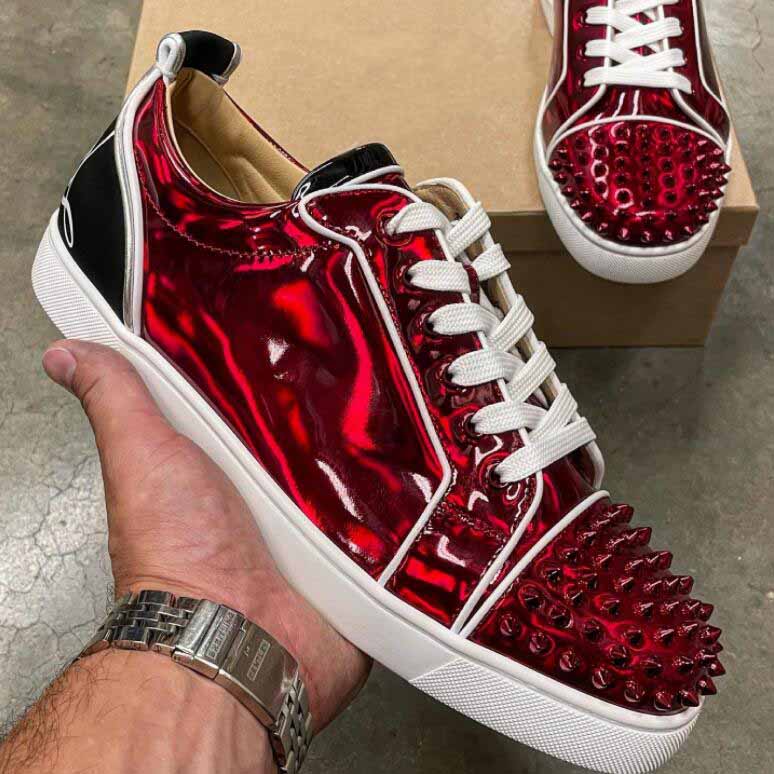 

Men low-top junior spiked shoes red bottoms Fun vieira rivets platform sneaker lace up trainers red sole luxury design patent leather box 35-47