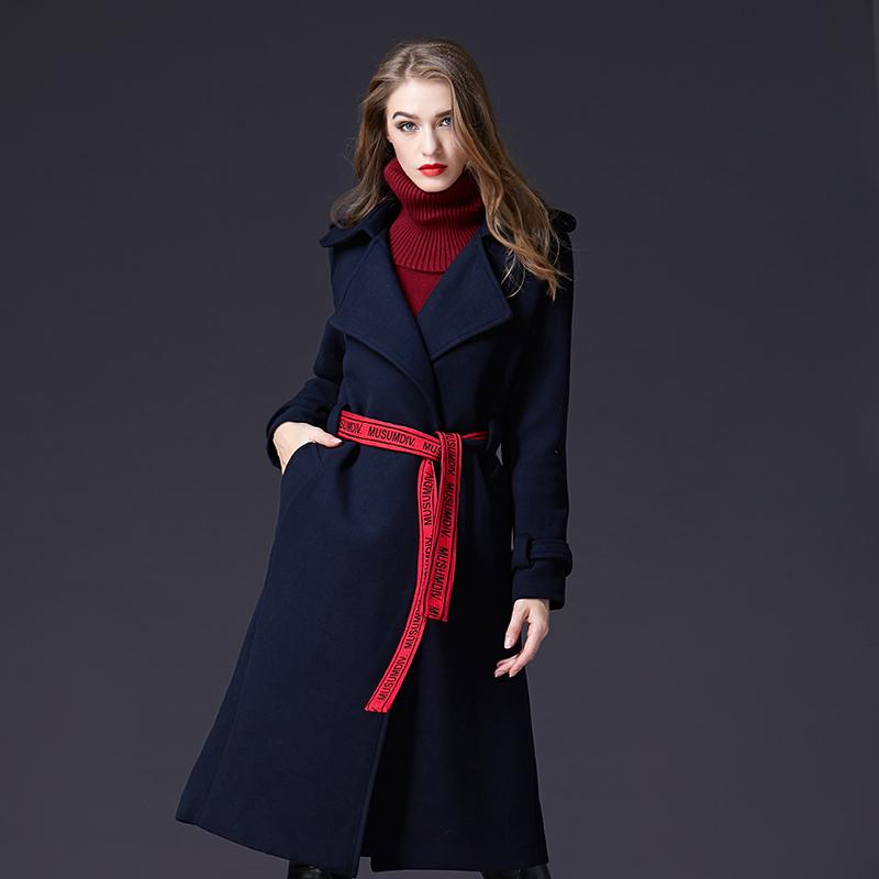 

Women's Wool & Blends Winter Fashion Slim Large Size Women Big Lapel Letters Belt Coat Coats Woman With Fur SZOS67122Women's, Navy blue