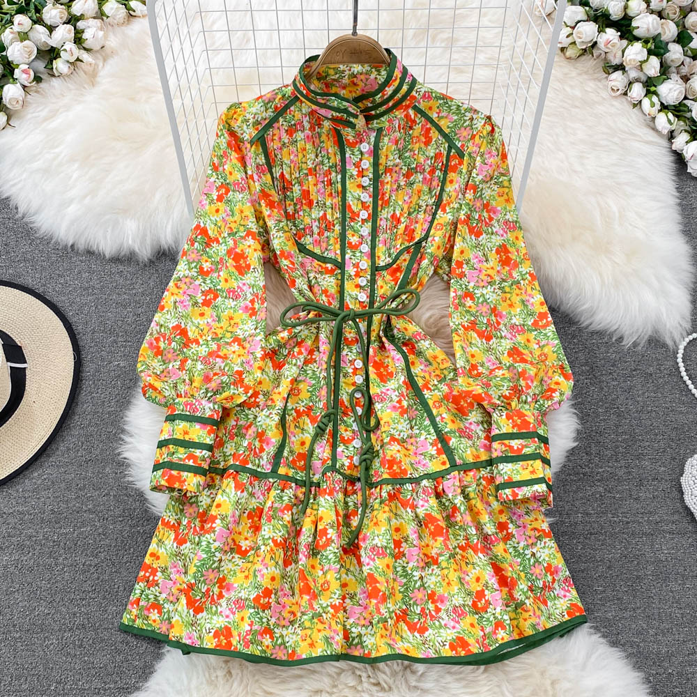 

New 2022 Spring Summer Holiday Beach Short Dress Women Stand Collar Long Lantern Sleeve Chic Floral Print Sashes Party Vestidos, Same as picture