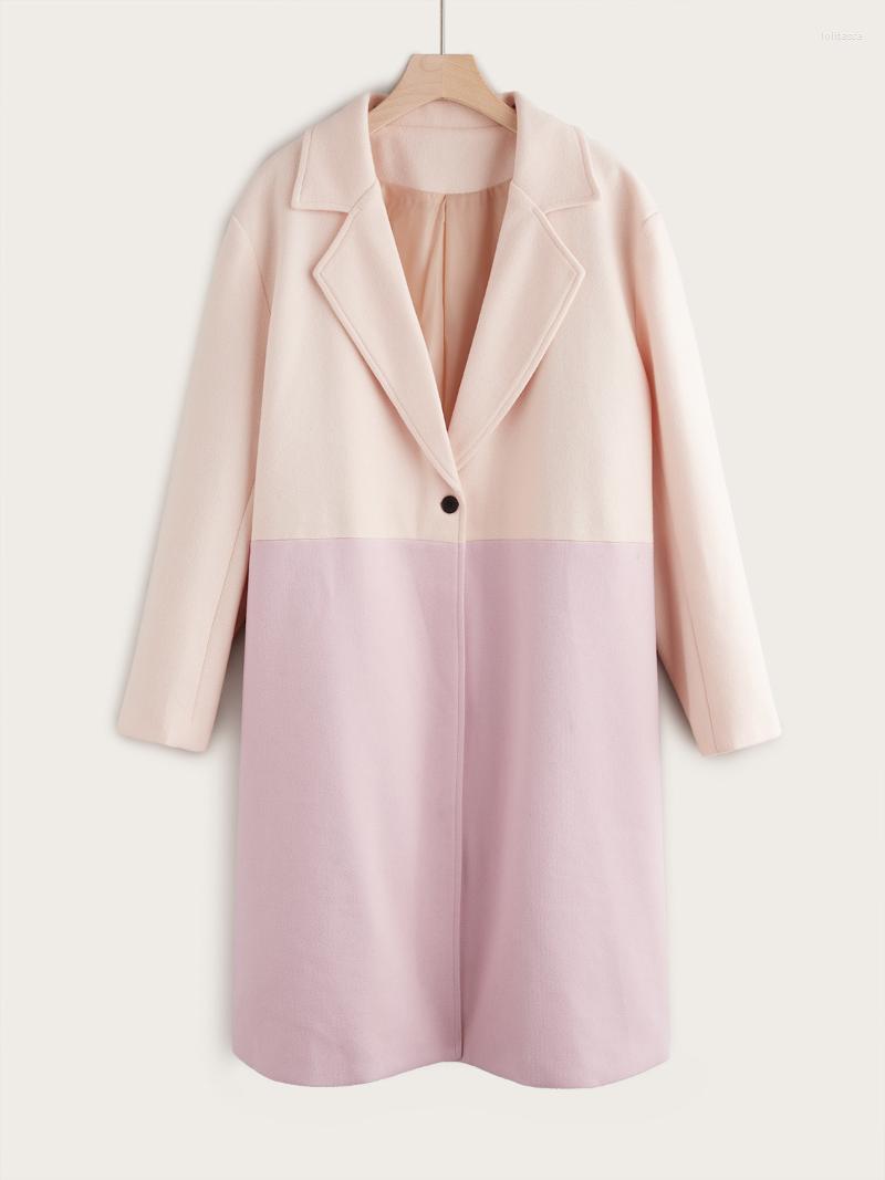 

Womens Plus Size Outerwear Coats Pink Stitching Button Straight Temperament Woolen Coat Loli22