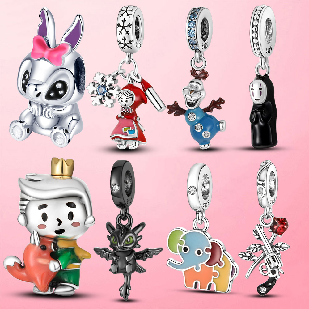 925 Argent Charme Perles Dangle Couleur Bonhomme De Neige Dragon Éléphant Prince Renard Pendentif Perle Fit Pandora Charms Bracelet DIY Bijoux Ac