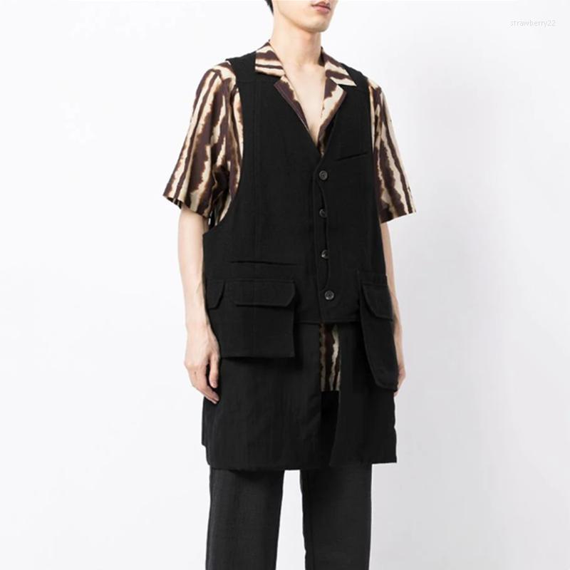 

Men' Vests Sleeveless Suit Vest Leisure Fashion Loose Youth Leave Two Waistcoats Four Seasons Medium Length Stra22, Black