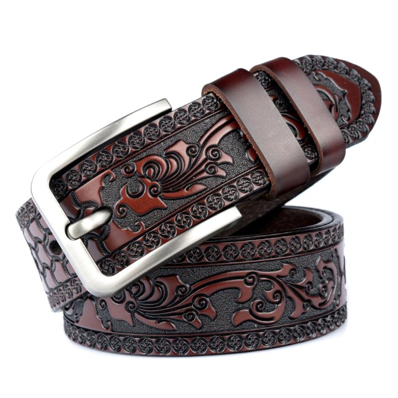 

Belts Men's Carve Pattern Genuine Leather Belt Pin Buckle Waistband Pure Cowhide Jeans Vintage Punk Luxury Fashion High-grade BeltBelts, Black