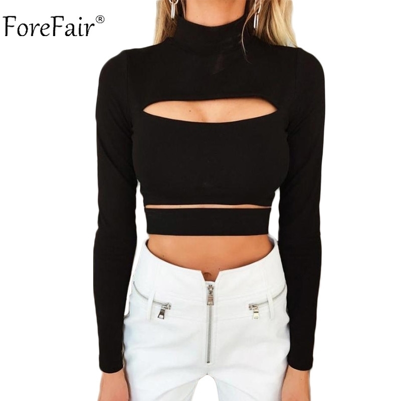 

Forefair Turtleneck Cut Out Sexy Crop Top Women Autumn Cropped Top White Black Winter Long Sleeve Shirt Women Y200109