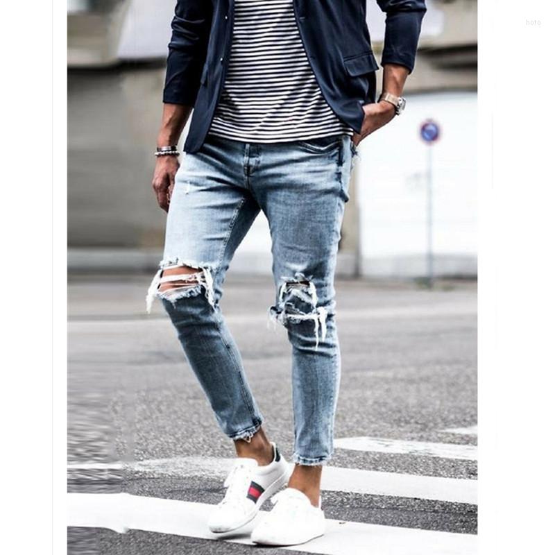 

Men' Jeans Style Skinny Men Streetwear Destroyed Ripped Homme Hip Hop Broken Modis Male Pencil Biker JeansMen, Blue