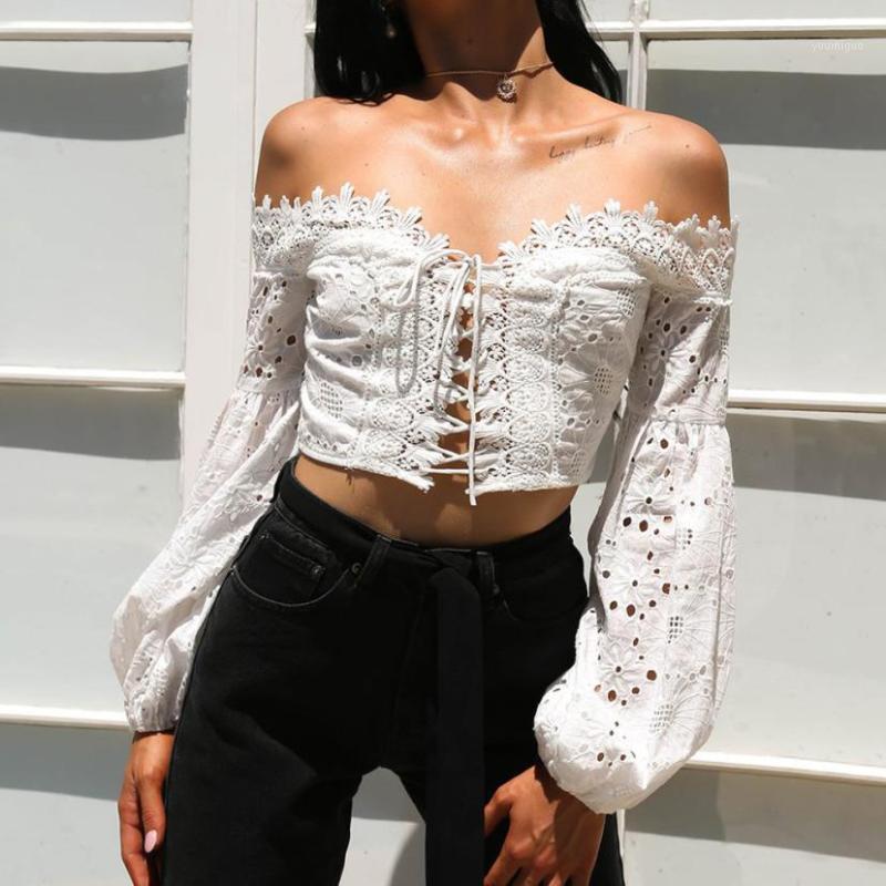 

Women' Blouses & Shirts 2022 Summer Women Fashion Blouse Off Shoulder Lantern Sleeve Lace Lace-up Crop Top White Shirt Chemise Blusa Mujer, Black
